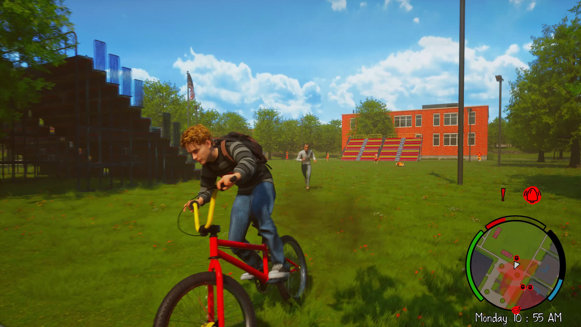 Agefield High: Rock the School official screenshot — riding a BMX across the school field