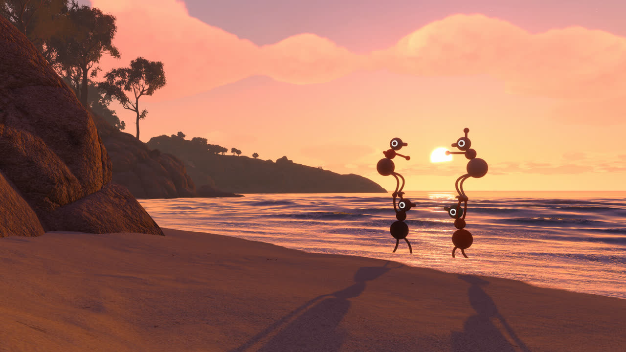 Big Walk official screenshot: two characters walking a beach at sunset