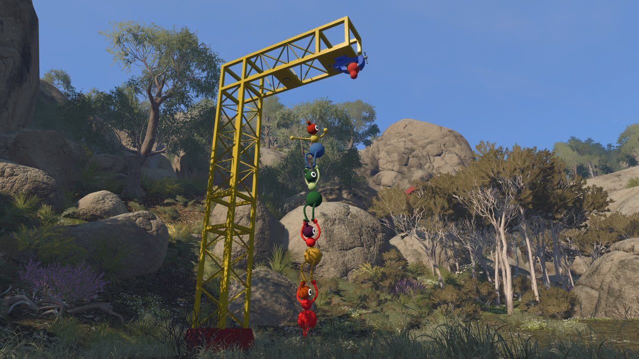 Big Walk official screenshot: characters climbing a tall yellow steel crane above the bush