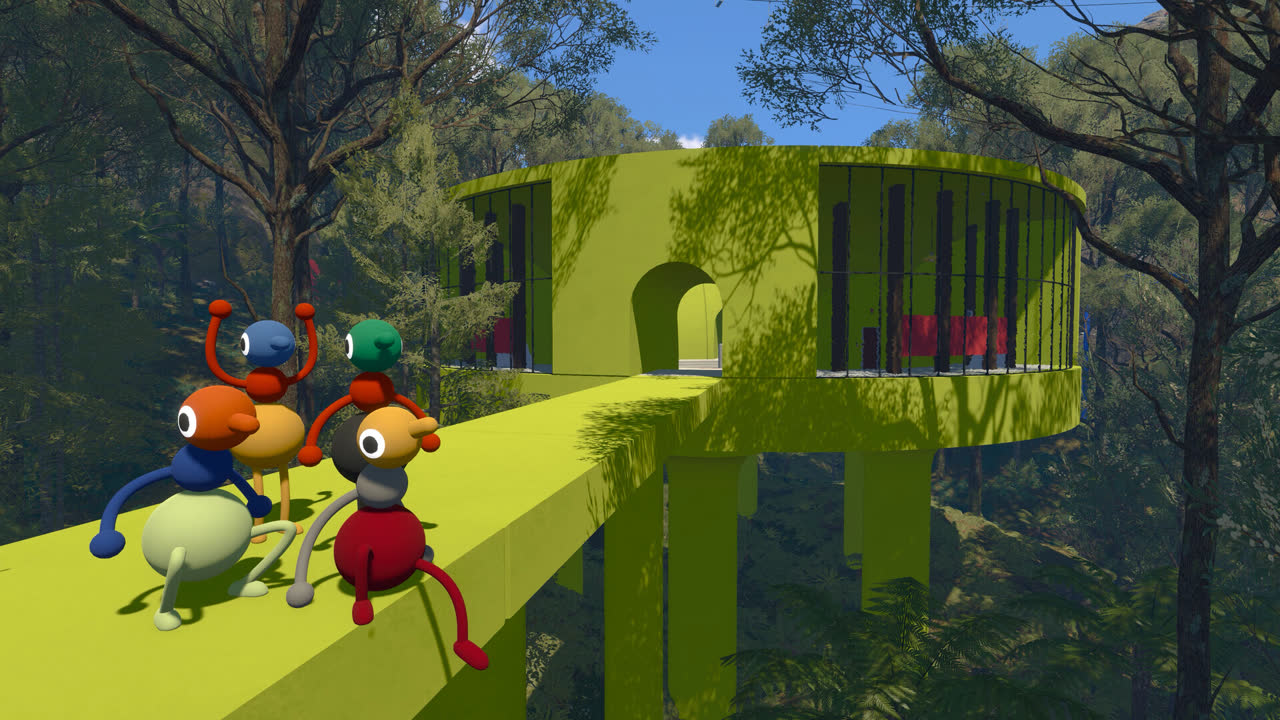 Big Walk official screenshot: four characters together outside a green building