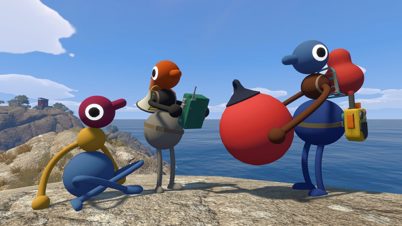 Official Big Walk screenshot: three hikers with backpacks on a coastal cliff, one reading a map