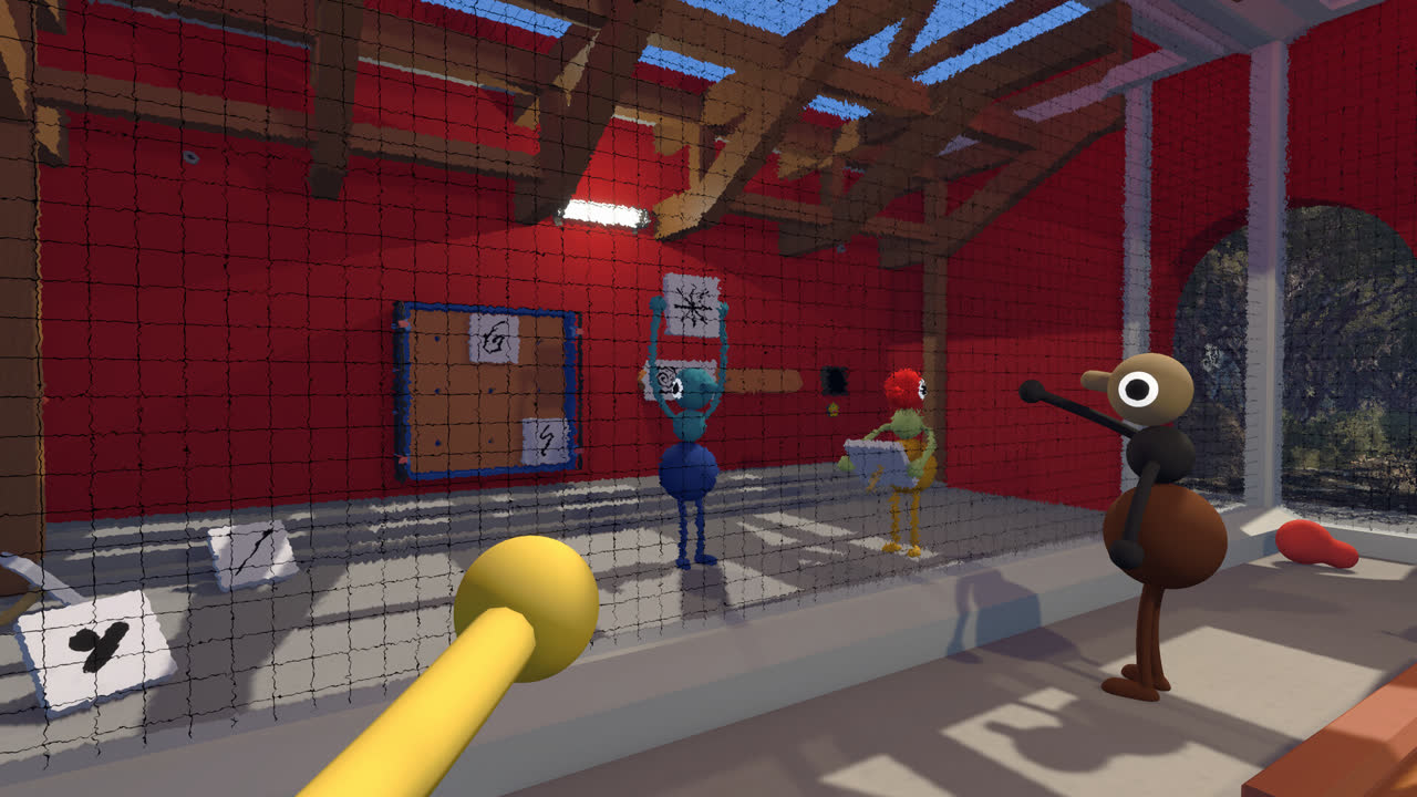 Big Walk official screenshot: several characters inside a red-walled hall, seen from first person