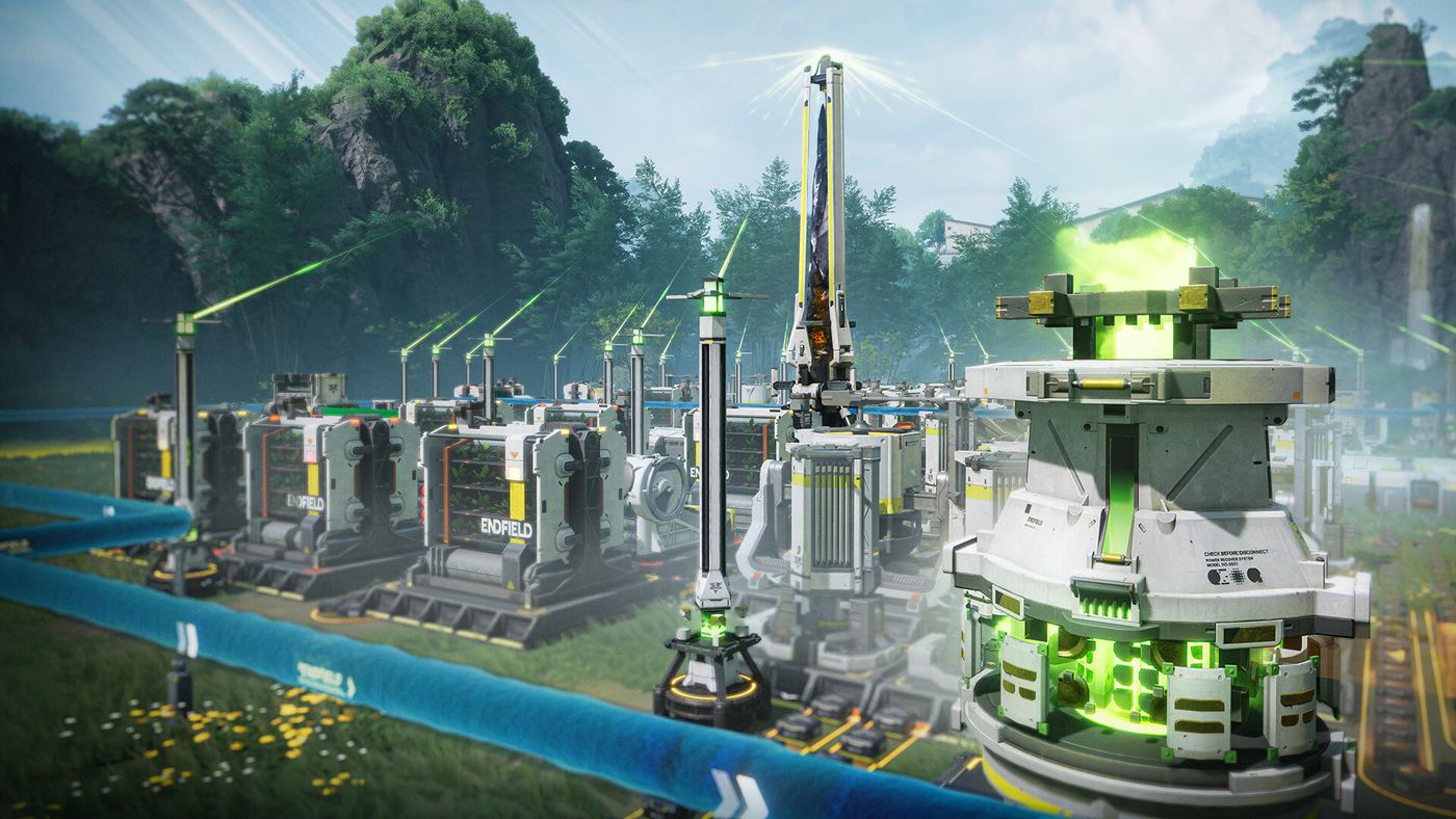 An Arknights: Endfield AIC production line — a row of identical processing buildings fed by a blue fluid pipe, with green power beams overhead and a glowing extractor on the right