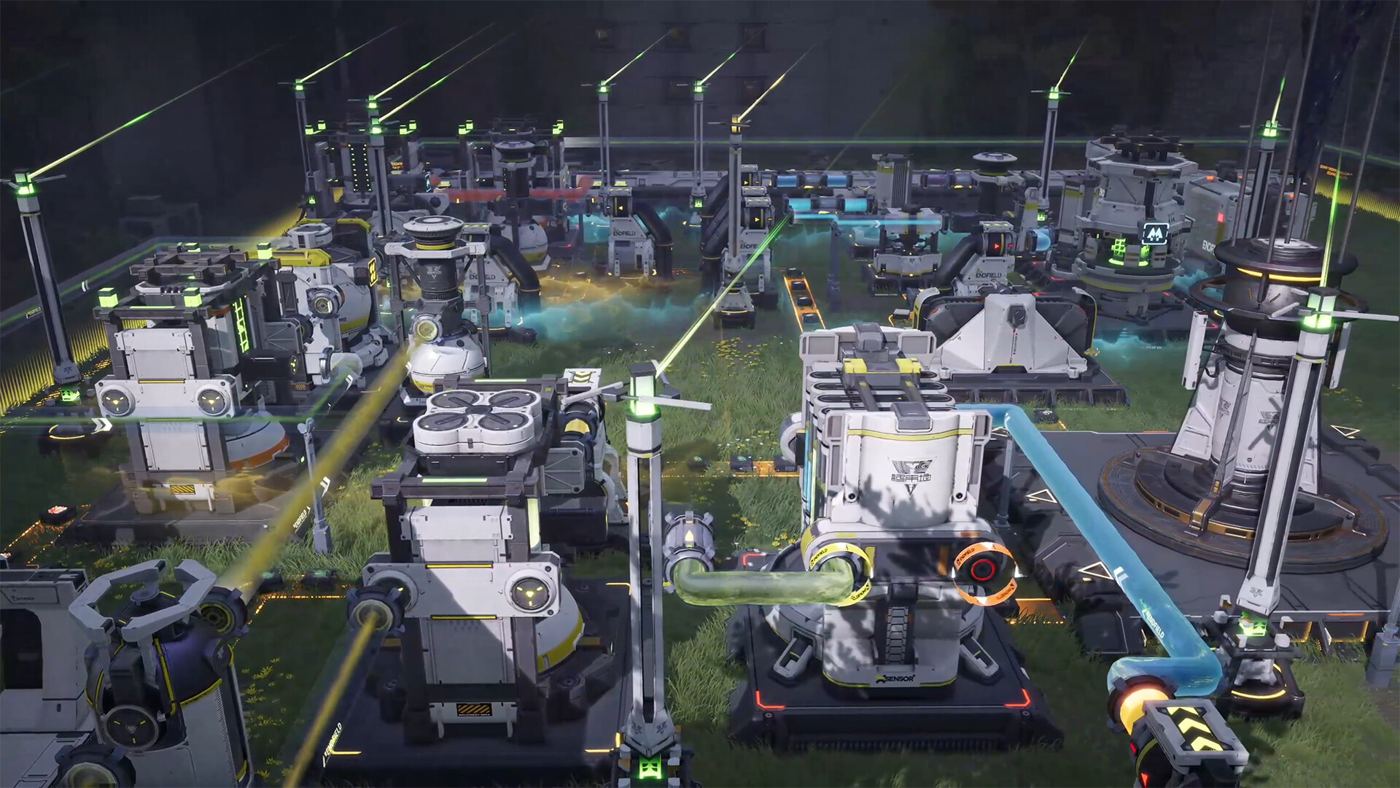 A dense Arknights: Endfield AIC base seen from above — dozens of white and grey production machines packed onto plots, linked by belts, blue and green fluid pipes, and rows of power pylons firing green beams across the field