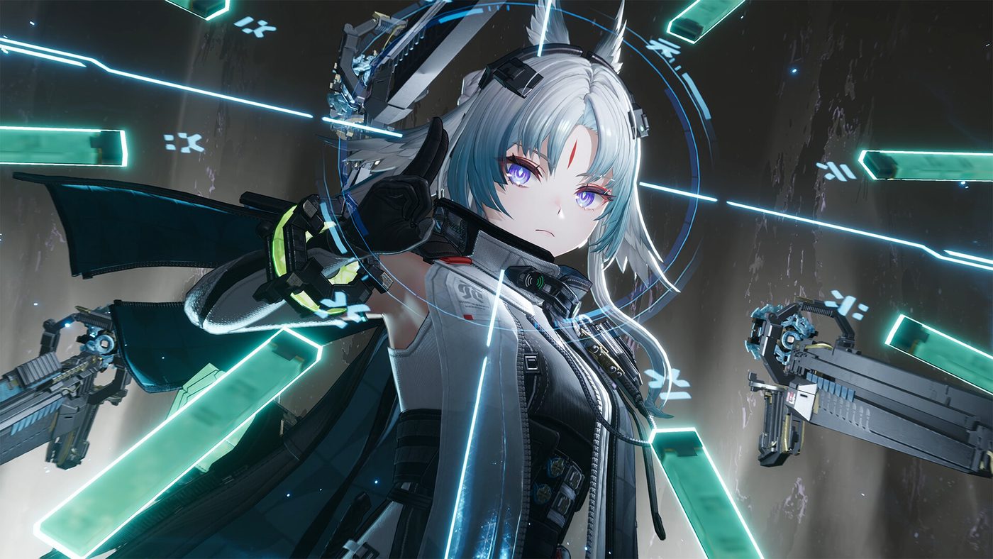Arknights: Endfield operator with silver hair and violet eyes, reaching toward the camera as glowing cyan interface panels and floating weapon drones orbit around her