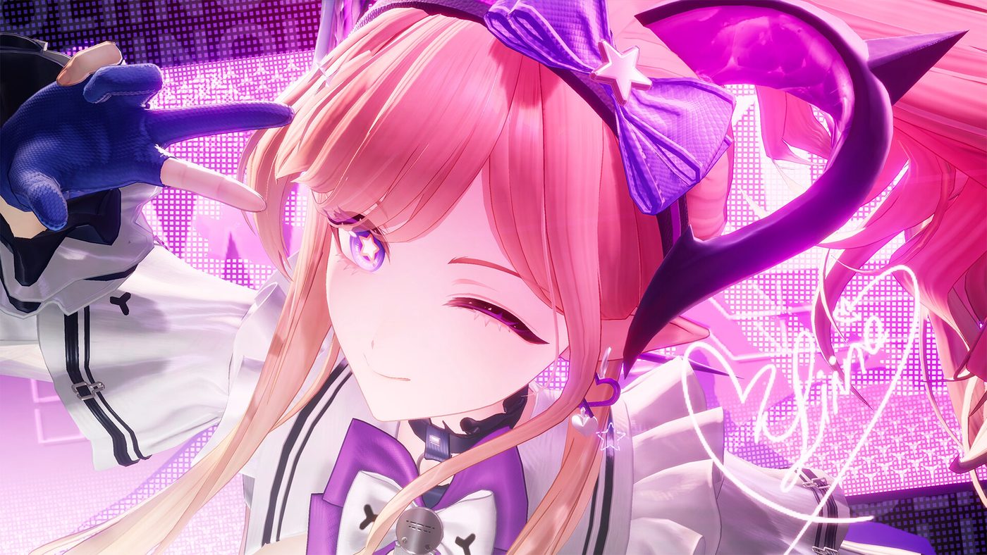 Close-up of an Arknights Endfield operator in idol styling against a pink and purple stage backdrop