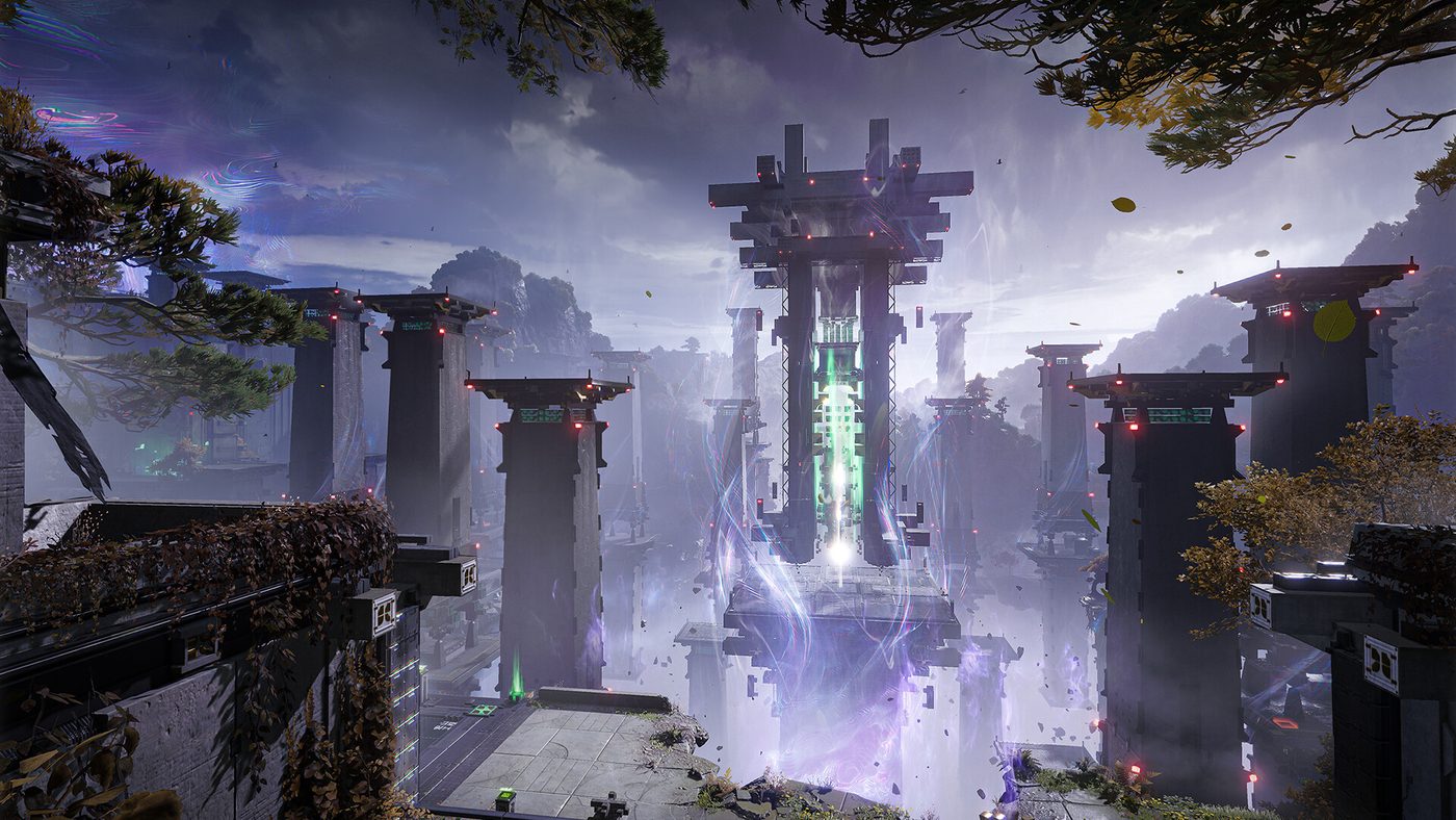 Arknights: Endfield environment — towering stone pylons above a misty valley, with a bright green energy column rising from a central structure and purple light trails curling around it