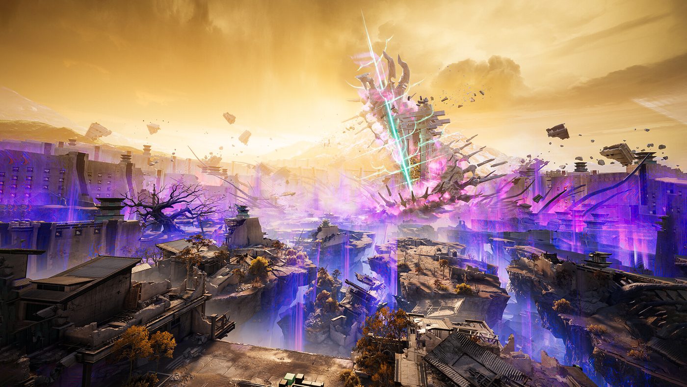 A rift tearing open above a ruined Wuling settlement in Arknights Endfield, with floating debris and violet Aether light