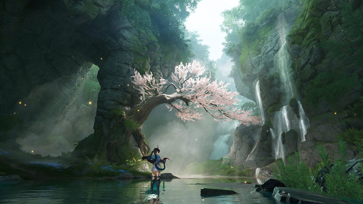 An Arknights: Endfield operator standing in shallow water in a mist-filled gorge, with waterfalls and a blossoming tree above