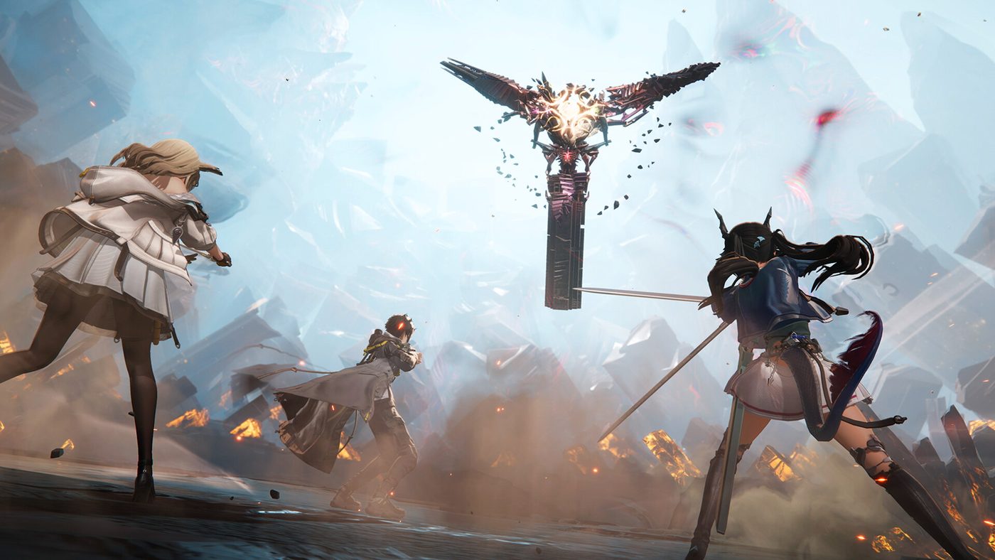 Three Arknights: Endfield operators fighting a winged Aggelos enemy in a field of glowing crystal shards