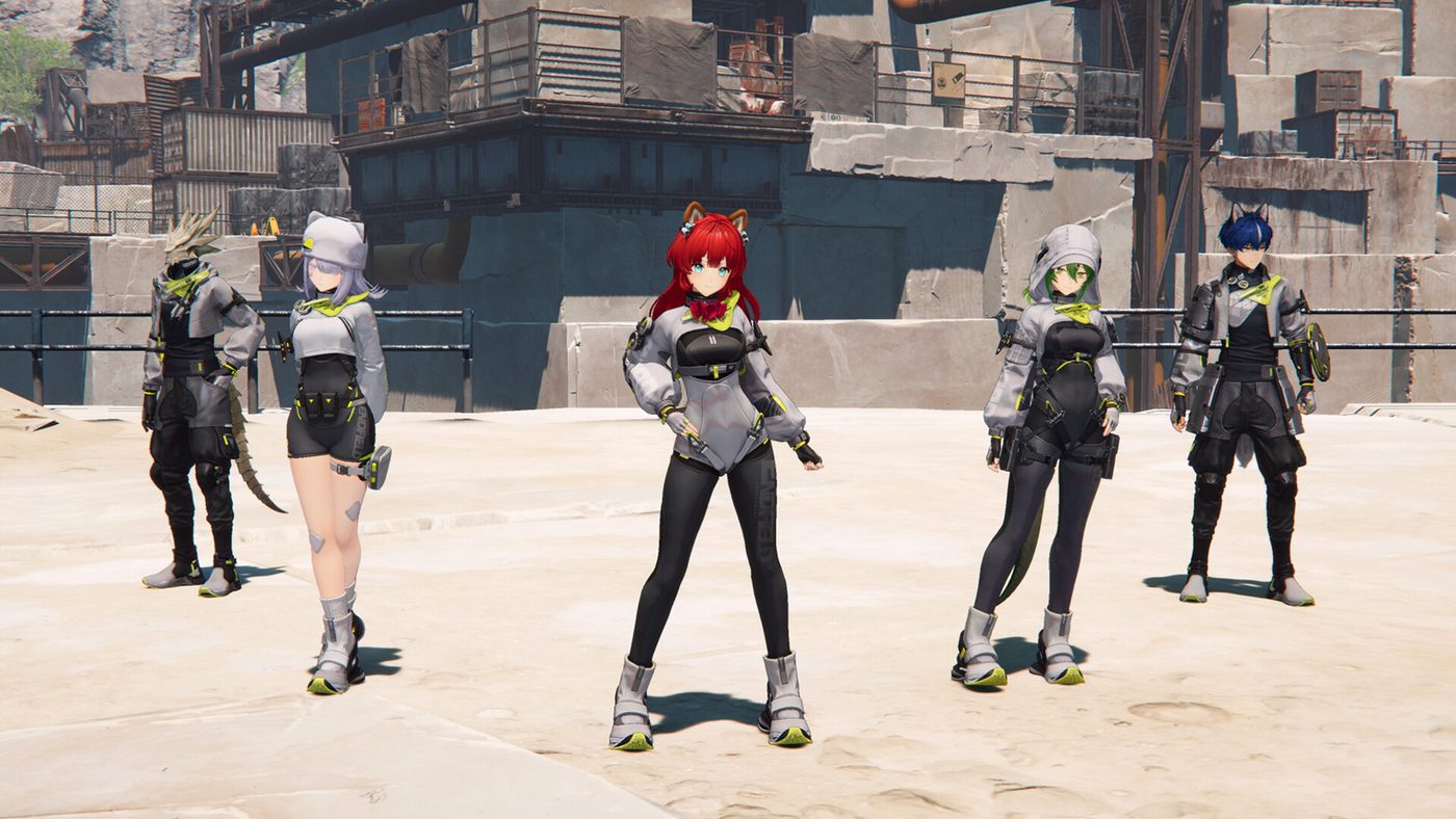 Five Arknights: Endfield operators in Endfield Industries uniforms standing in an industrial quarry area
