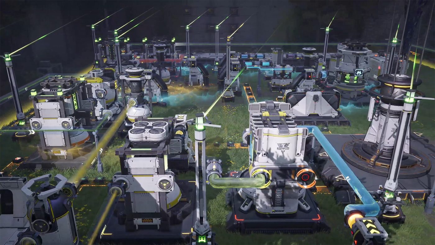 Overhead view of an Arknights: Endfield AIC Factory — production facilities on plots, transport belts, fluid pipes and electric pylons linked by green power beams