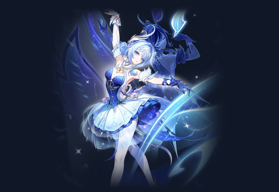 Official HoYoverse artwork of Odette, a ballerina in a blue-and-white costume mid-pose amid Cryo effects