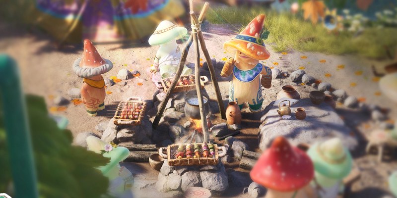 Shroom-folk grilling skewers around a campfire, the setting for the Battle! Too Good to Eat! minigame in Infinity Nikki 2.9