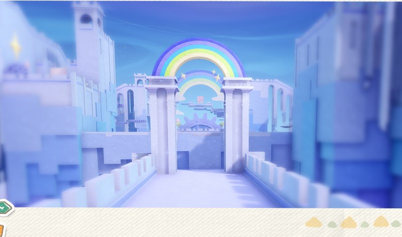 A pale blue dream garden with a rainbow arch between stone pillars — the Heartvoice Garden in Infinity Nikki 2.9