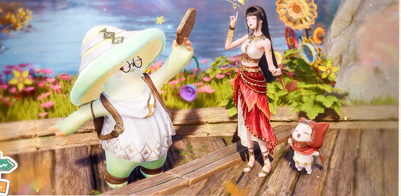 A 2.9 quest scene: Nikki's party with a large mushroom-person NPC on a lakeside boardwalk in autumn colours
