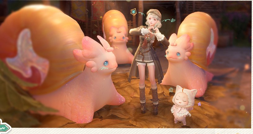 Nikki standing among giant pink-and-gold snails in a 2.9 feeding minigame scene