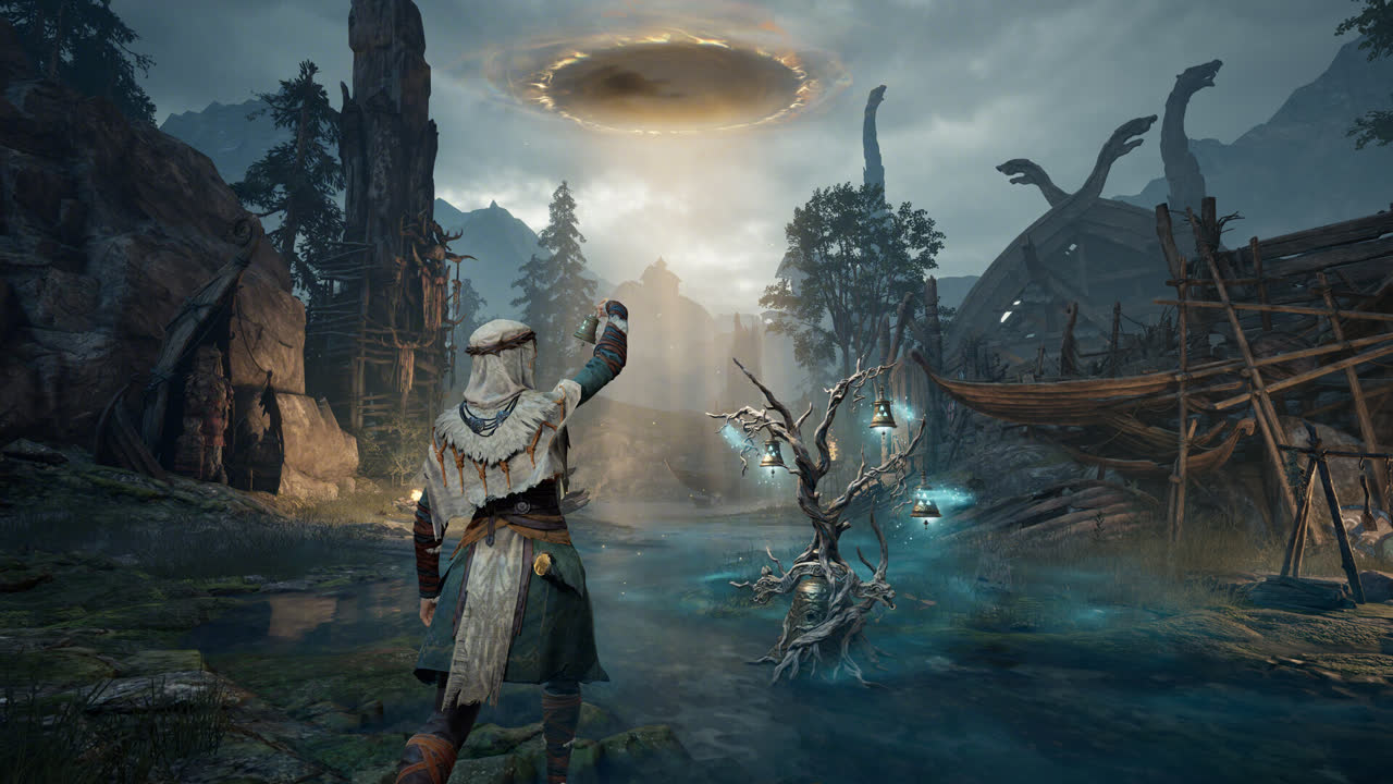 Mistfall Hunter official screenshot: a player raising a hand beneath a glowing ring above a wrecked harbour