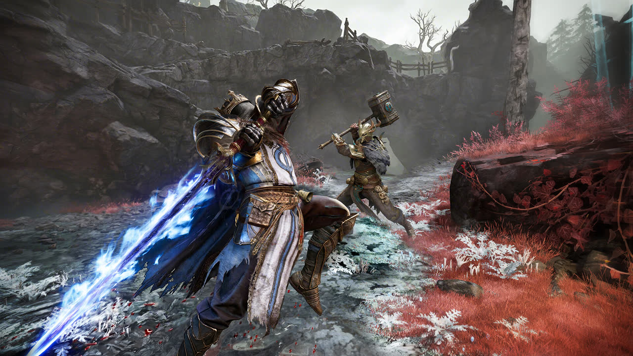 Mistfall Hunter official screenshot: two armoured fighters clashing, one swinging a glowing blue greatsword