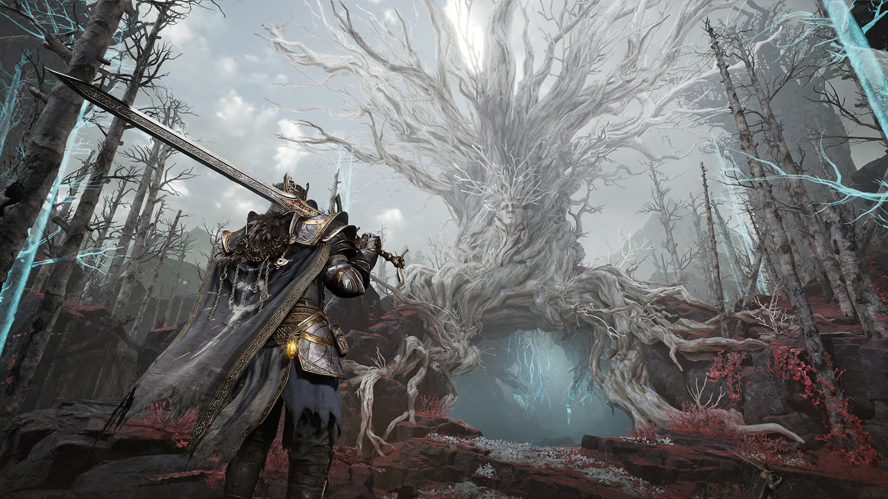 Mistfall Hunter official screenshot: a greatsword carrier facing a vast pale tree over red ground