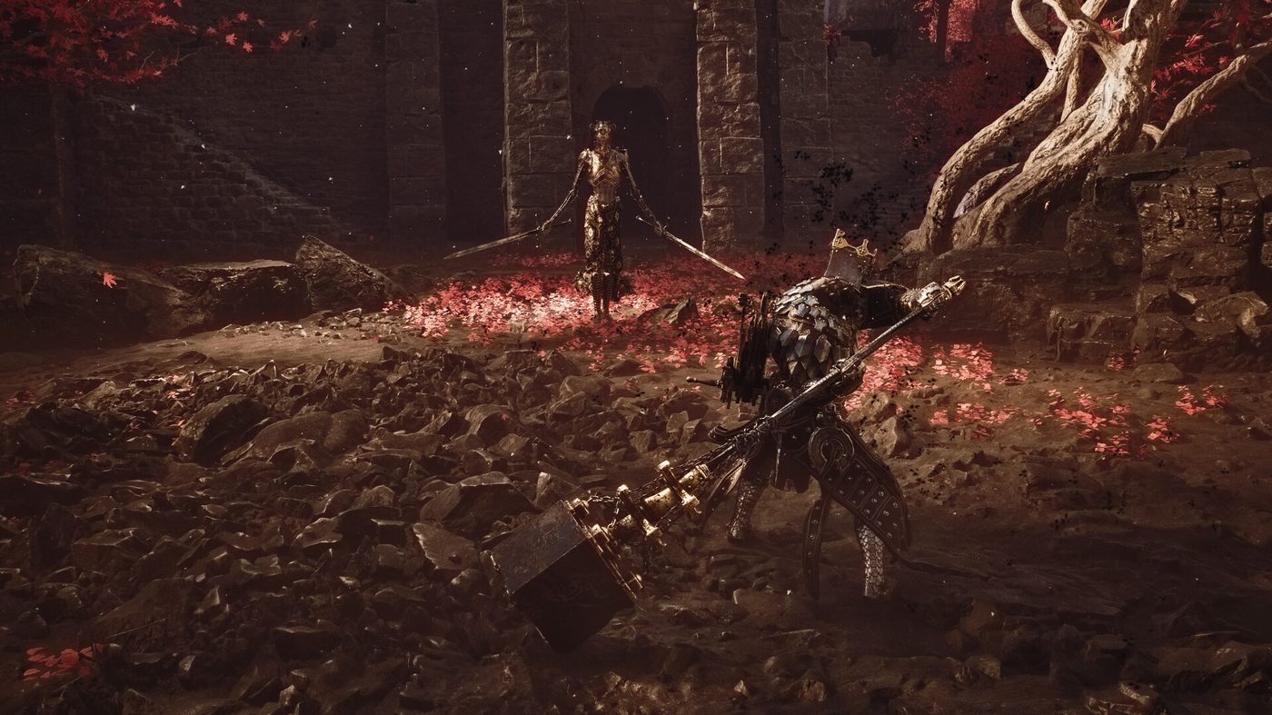 Official Mortal Shell II screenshot: a lone player facing a dual-blade enemy in a ruined courtyard
