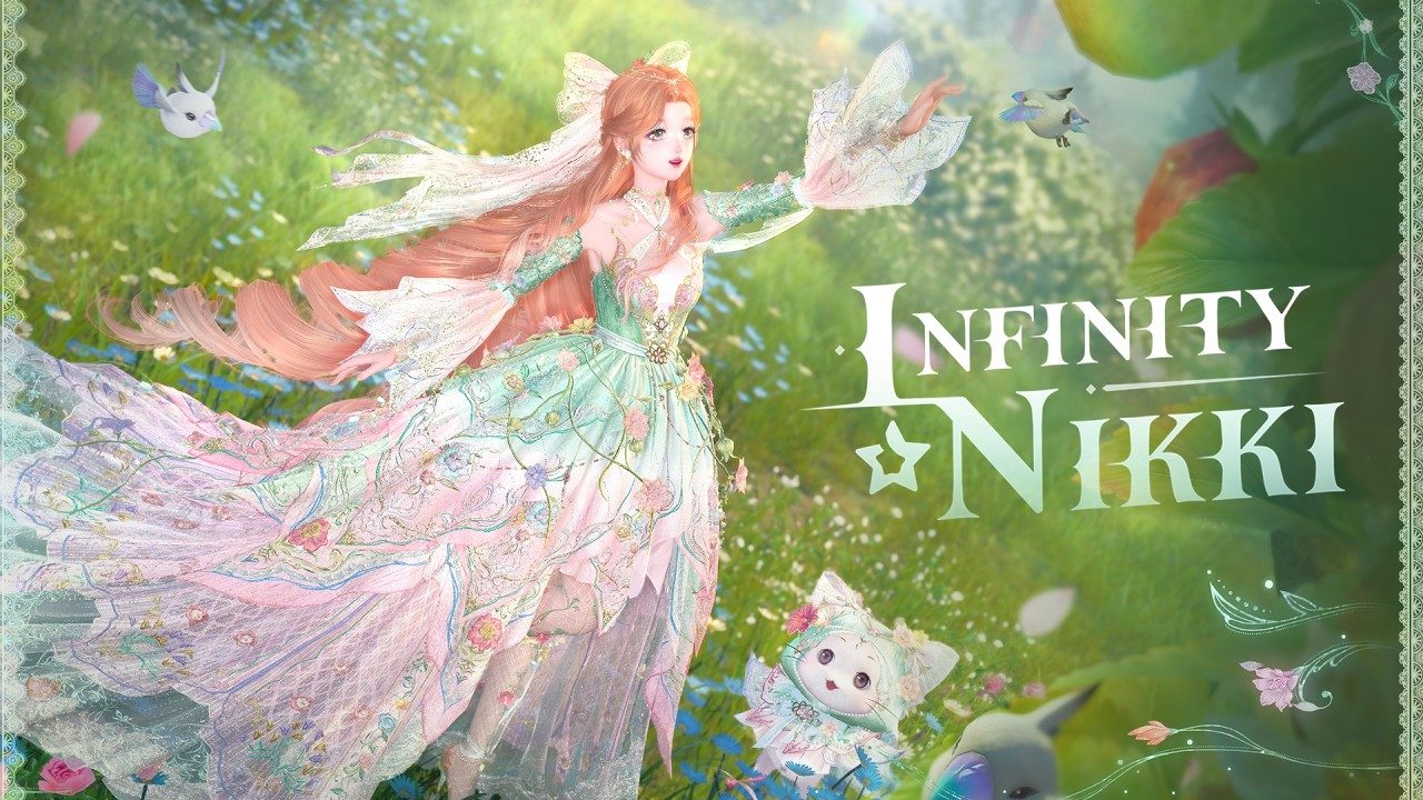 Official Infinity Nikki 2.9 outfit preview art for Florabound Promise: Nikki in a layered pink and green floral gown with translucent wings, in a forest, with Momo beside her