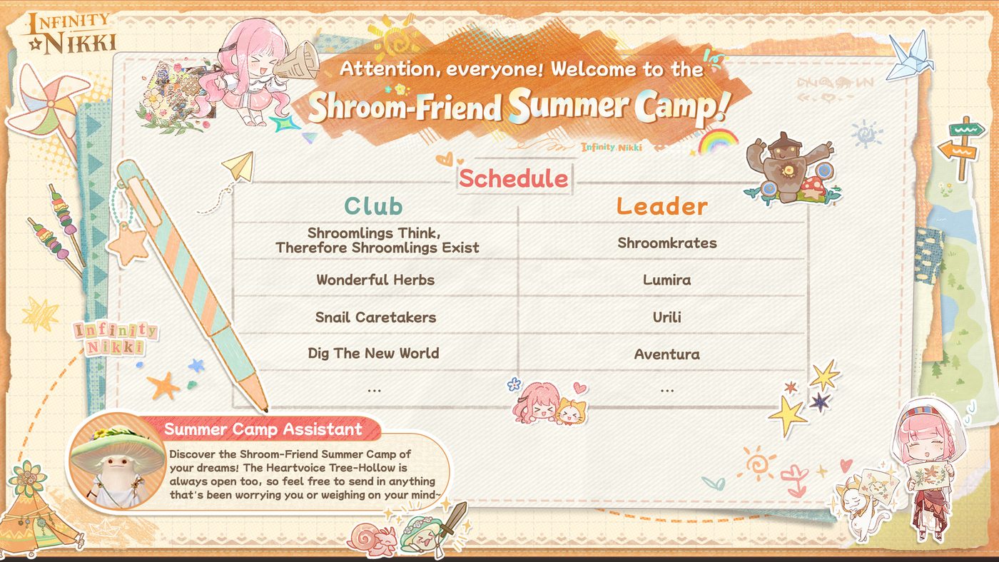 Official Infinity Nikki 2.9 image: the Shroom-Friend Summer Camp schedule, listing four clubs and their leaders