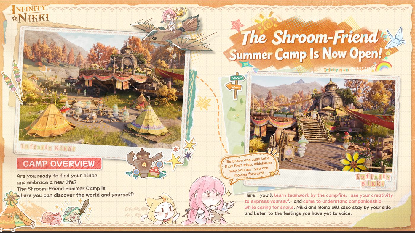 Official Infinity Nikki 2.9 banner image: the Shroom-Friend Summer Camp, with tents and a campfire ring beside an autumn forest, and a wooden boardwalk settlement