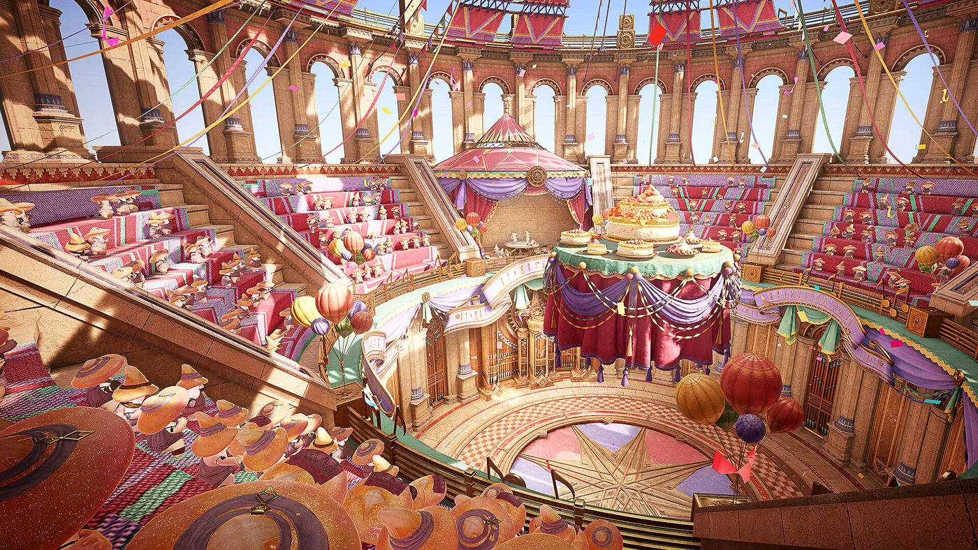 Official Infinity Nikki screenshot: an enormous ornate pink and red hall hung with banners and balloons, with a towering tiered cake at its centre