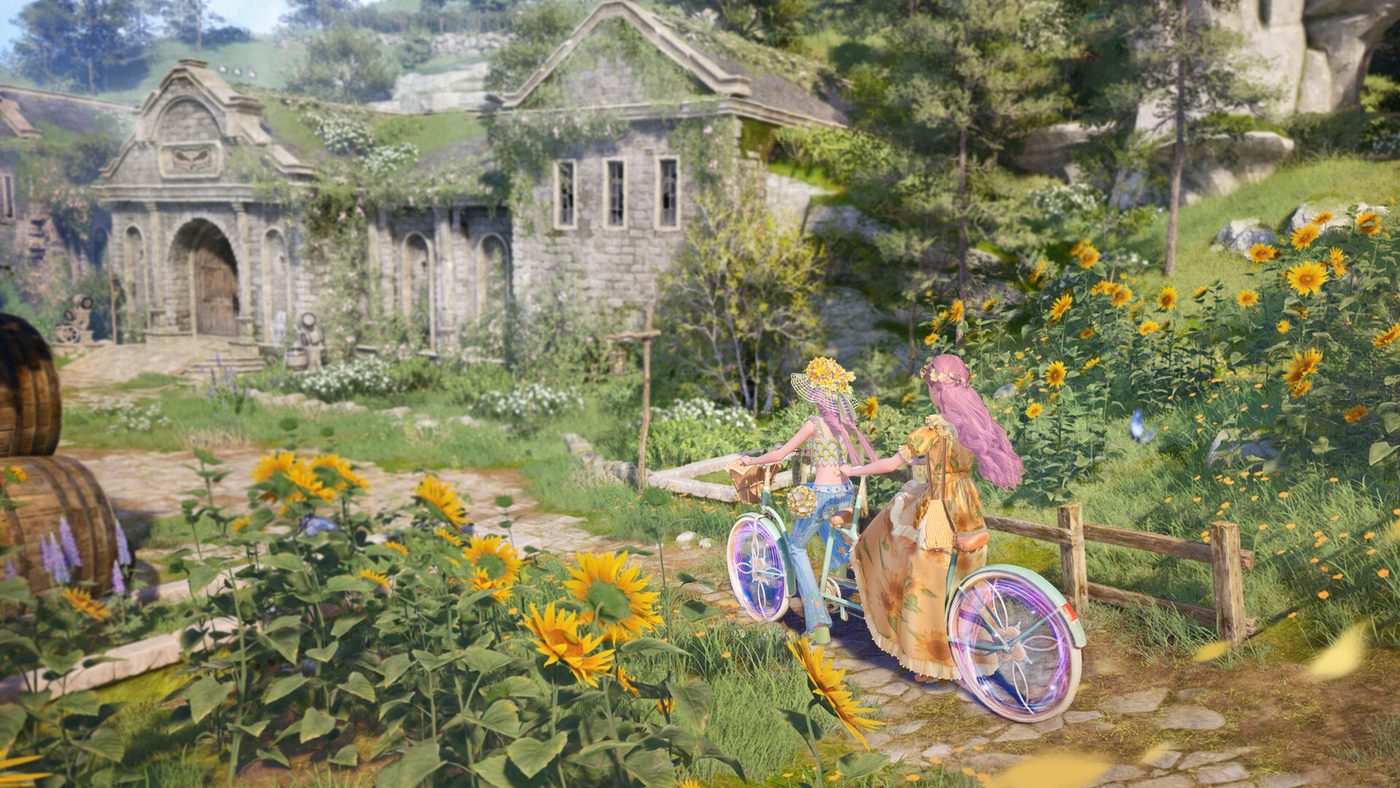Official Infinity Nikki screenshot: Nikki riding a bicycle along a fence line through a field of sunflowers beside an overgrown stone ruin