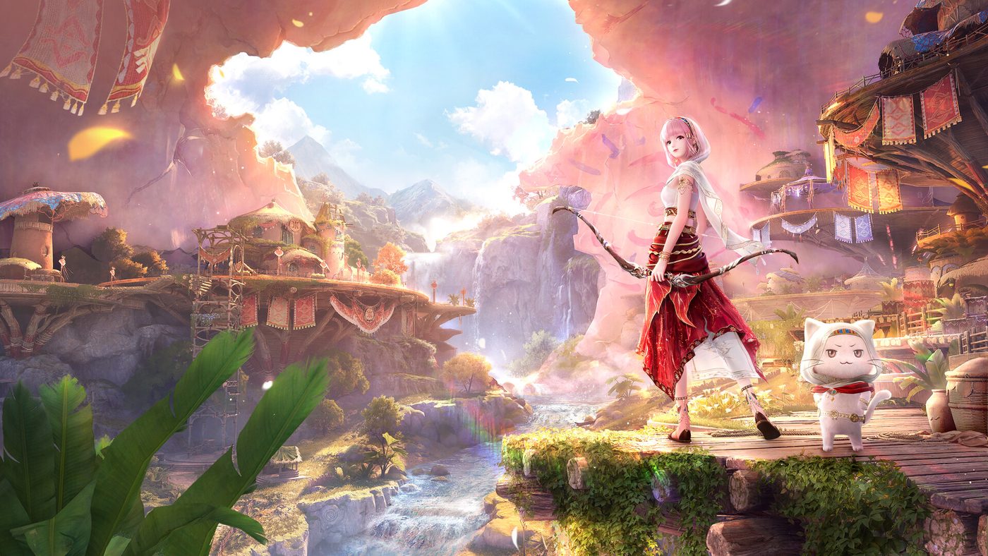 Official Infinity Nikki screenshot: Nikki with a bow standing at the edge of a cliffside settlement at dawn, with Momo beside her