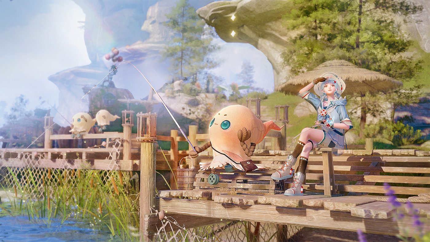 Official Infinity Nikki screenshot: a stylist fishing from a wooden jetty beside a large round creature, with fluffy animals grazing behind