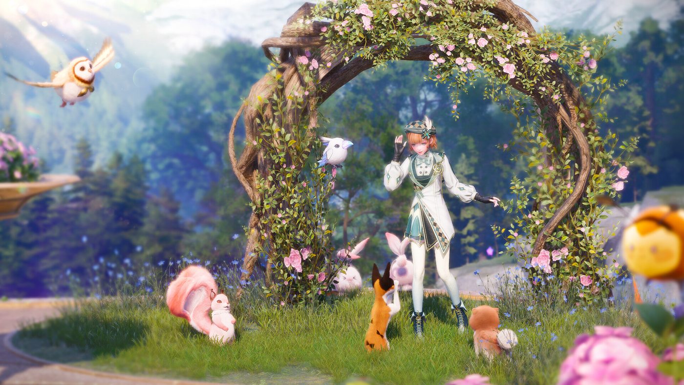 Official Infinity Nikki screenshot: a stylist in a pale ornate outfit standing beneath a circular arch of vines and flowers, surrounded by small woodland creatures