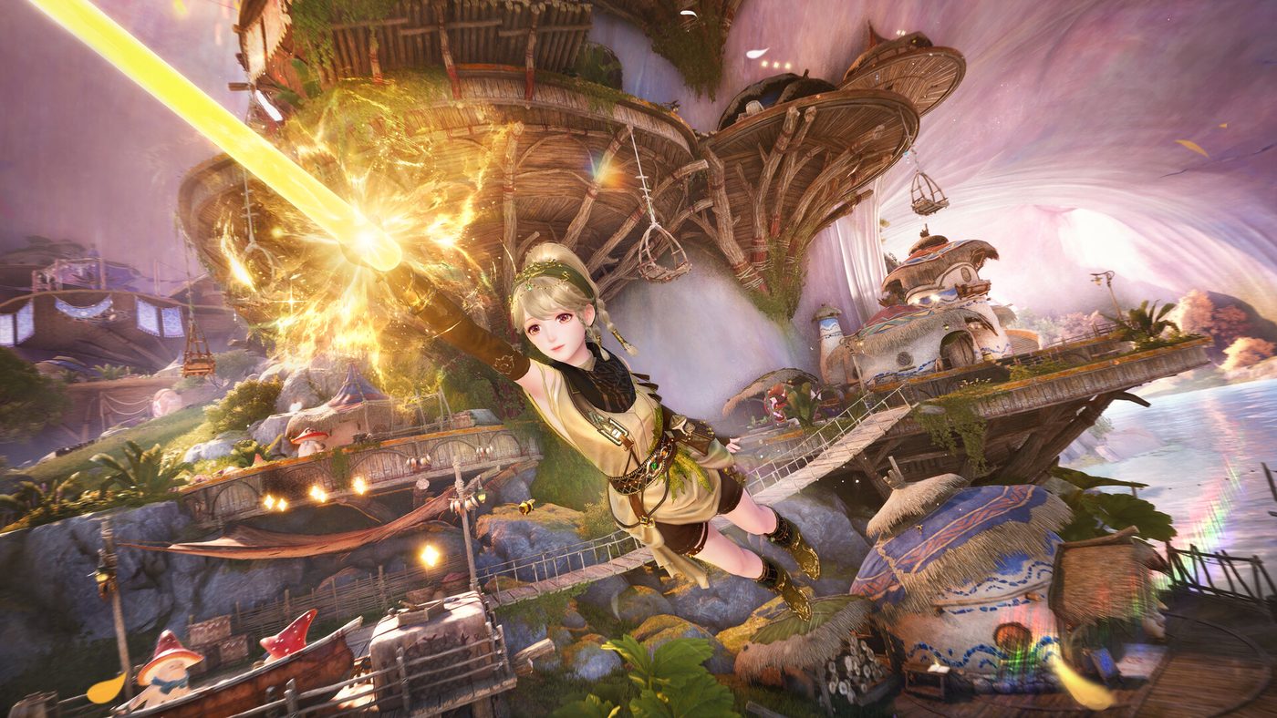 Official Infinity Nikki screenshot: Nikki gliding through the air in a burst of golden light above a fantastical landscape