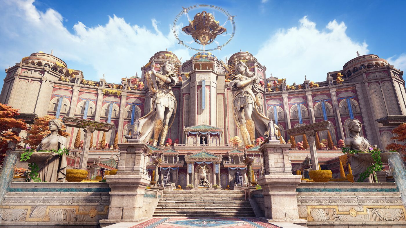 Official Infinity Nikki screenshot: a grand ornate palace facade with twin statues and a floating golden emblem above the steps
