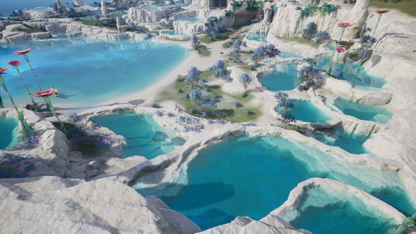 Official Infinity Nikki screenshot: a landscape of turquoise terraced pools carved into pale rock, dotted with flowers