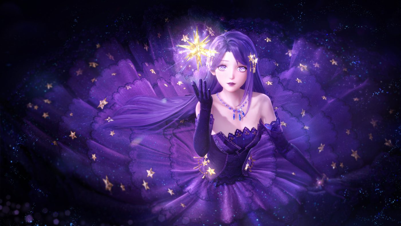Official Infinity Nikki art: a woman in an elaborate deep purple gown surrounded by golden stars against a dark violet sky