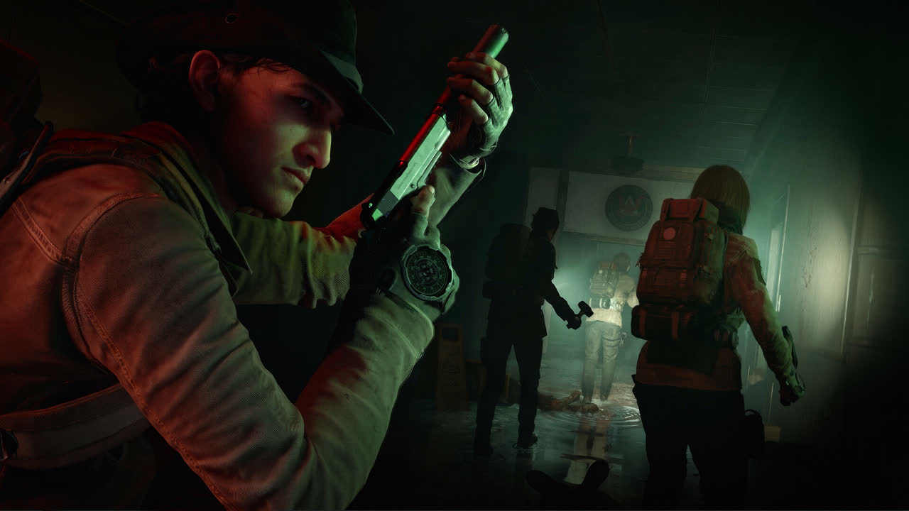 No More Room in Hell 2 official screenshot: a group of survivors moving through a dark interior with flashlights