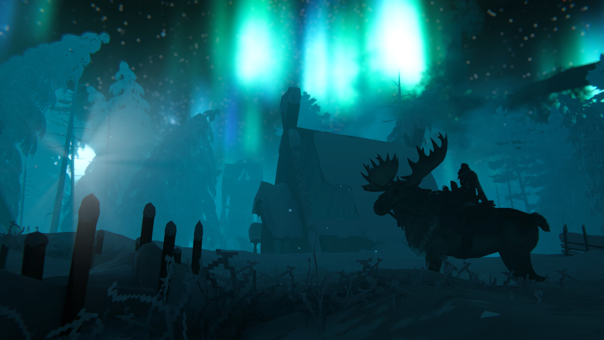 Valheim at night — a player riding an antlered mount past a timber longhouse and fenced plot, with green and blue aurora filling the sky above snowy pines