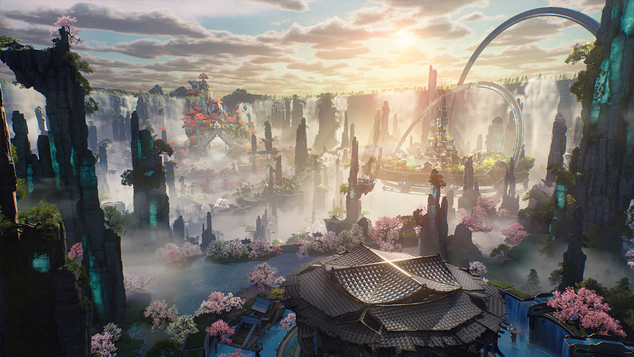 Wuthering Waves official screenshot: a city of spires rising out of a cloud sea at dawn