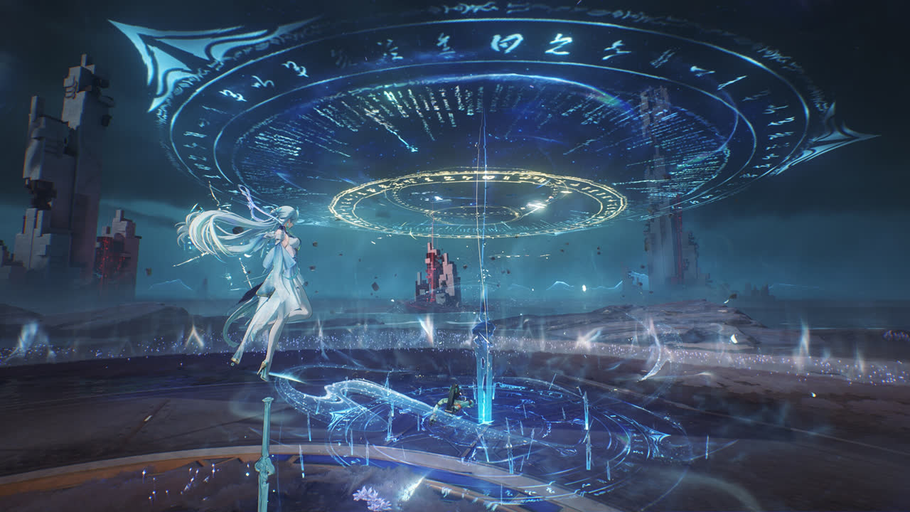 Wuthering Waves official screenshot: a character standing at the centre of a large glowing blue ritual circle