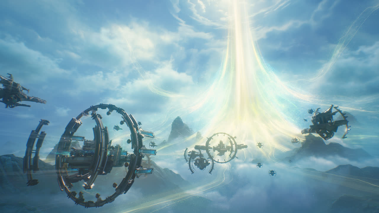 Wuthering Waves official screenshot: floating ring structures around a pillar of light above the clouds