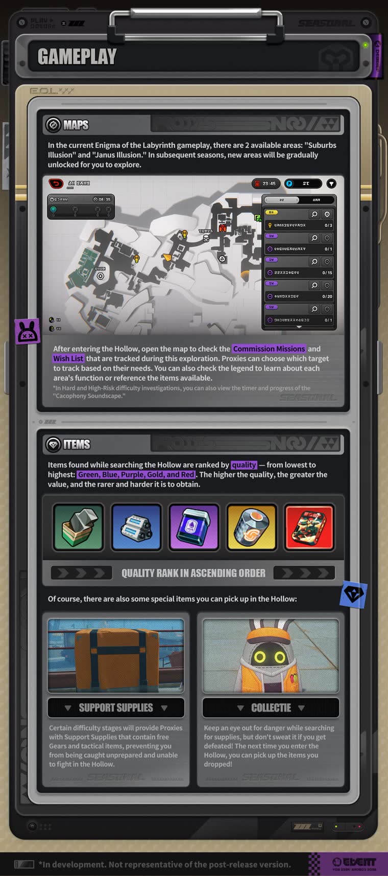 HoYoverse's official Enigma of the Labyrinth gameplay guide card covering maps, commission missions and the item quality ladder