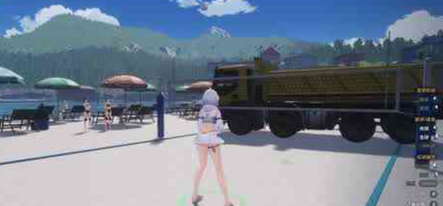 A yellow dump truck parked beside the beach volleyball court in Neverness to Everness, taller than the net, with players standing in front of it